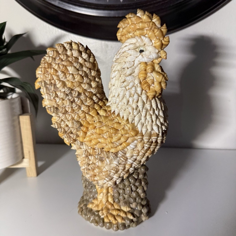 VTG Large Seashell Rooster Figurine Handmade Shell Folk Art Coastal Decor 9.5"